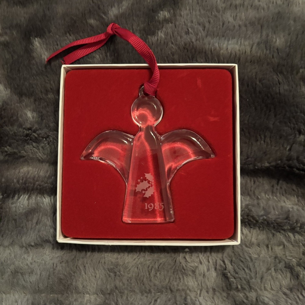 Orrefors Sweden 1985 Angel with Holly Crystal Glass Ornament‎ With Original Box